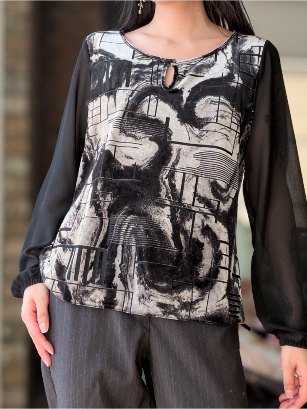 Black & White Abstract Print Blouse with Sheer Sleeves